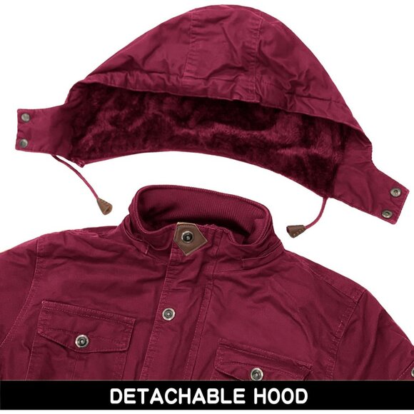 Mens Wine Red Thick Winter Jacket Hooded Fleece Lined Cotton Military Coat - Picture 5 of 6